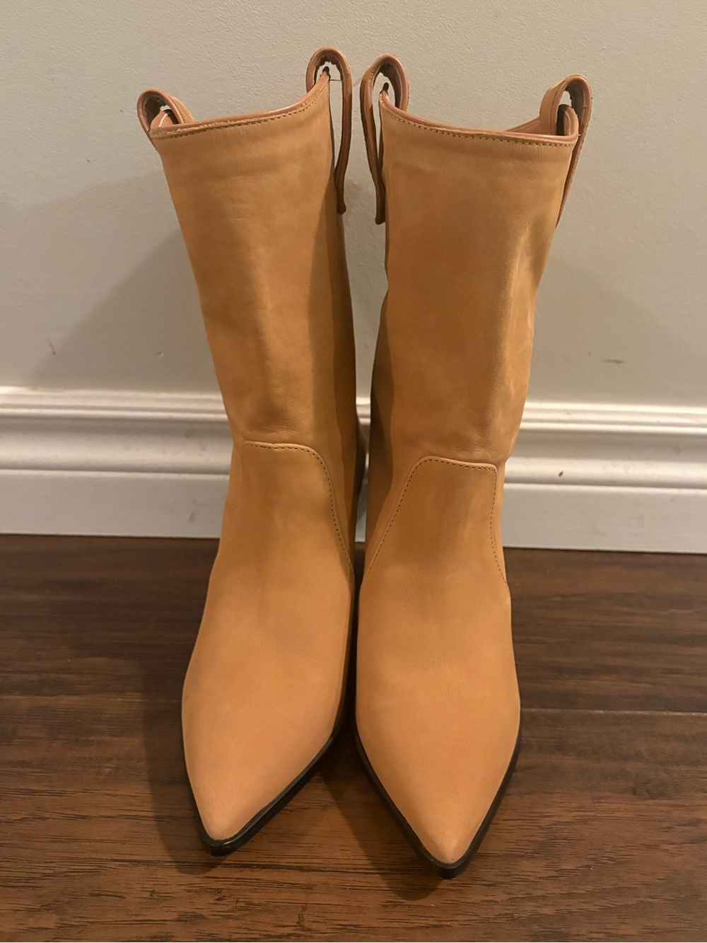 SCHUTZ Camel Pointed-Toe Mid-Calf Leather Boots